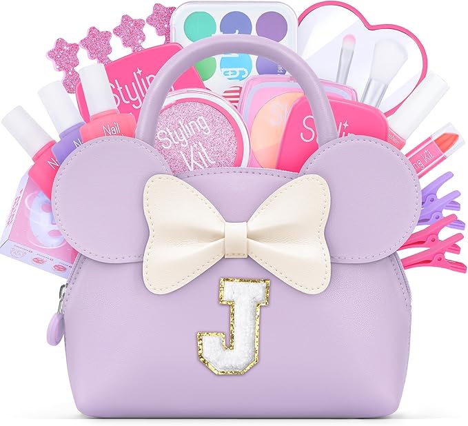 Kids Real Makeup Kit for Girls - 21Pcs Non-Toxic Make Up Toys with Initial Toddler Purse - Personalized Birthday Gifts for Age 5 6 7 8 9 10 Years Old Girls Vanity Set - Purple J
