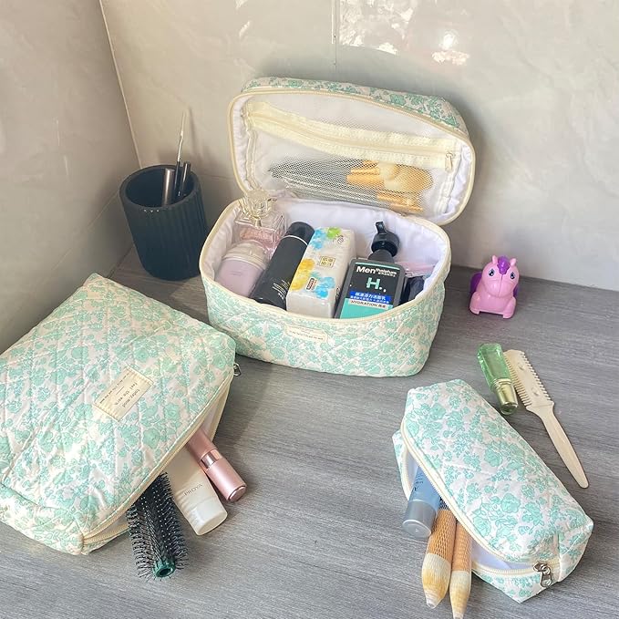Green Large Quilted Floral Makeup Bag Set of 3 Cute Coquette Aesthetic Cosmetic Bag Set Travel Toiletry Bag for Women