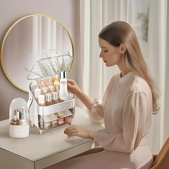 Cosmetics Organizer Set - Makeup Box with with Brush Holder, Skin Care Storage Organizer with Transparent Drawers and Cover, Portable Handle, Dust Proof Makeup Organizer for Vanity, White & Gold