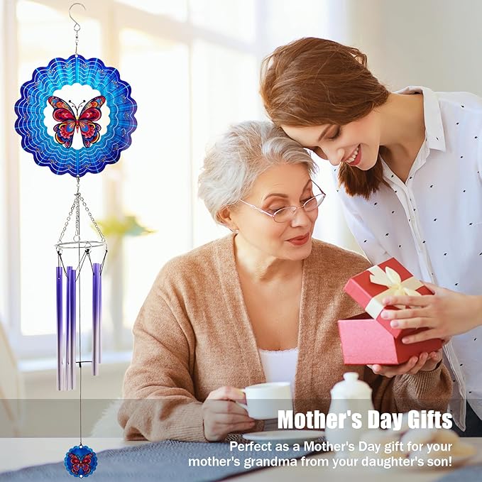 Wind Chimes with Butterfly Wind Spinner, Mom Gifts for Christmas Grandma Mom Women Birthday Retirement Teacher, 31" Windchimes Outdoor Decor Hanging Mobile for Garden Porch Patio Backyard