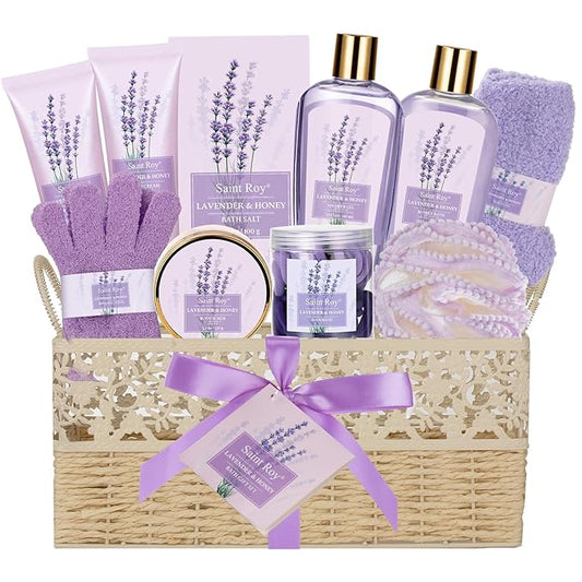 Gifts for Women Gift Basket for Women, 13 Pc LAVENDER & HONEY Large Beauty Personal Care Set, Home Bath Pampering Package for Mother day, Spa Bridal Shower Kit - Thank You, Birthday, Mom, Wedding Gift