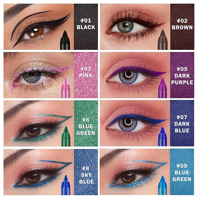 16 Colored Eye Liner Pencils for Women,Purple Green Blue Metallic Eyeliner Pen Set,delineador de ojos contra el agua,Multi-Function and Professional Pencil Eyeliner Makeup