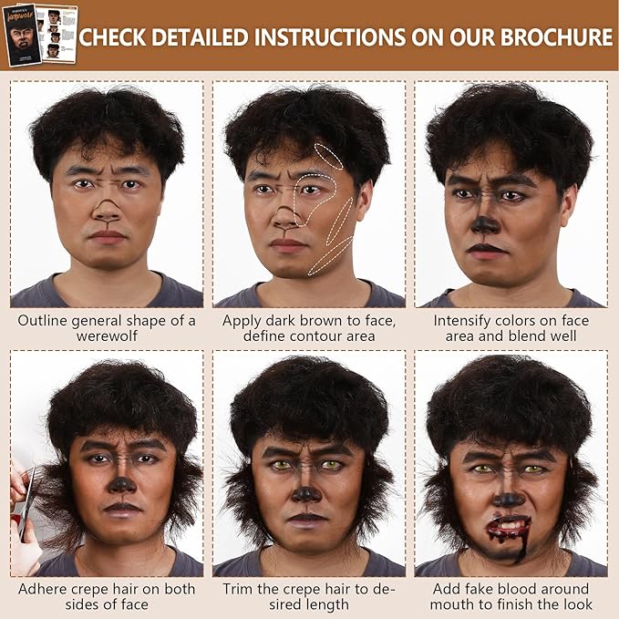 Halloween Werewolf Makeup Kit, Wolf-man SFX Make Up Kits Character Set with Face Paint, Crepe Hair & Fake Blood for Special Effects Costume Makeup, Theater, Cosplay & Party