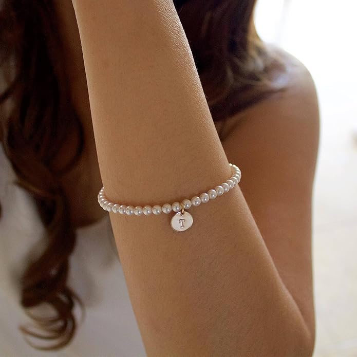 Ursteel Pearl Initial Bracelet for Women - Dainty 14K-Gold-Plated Letter Pearl Beaded Bracelet Jewelry for Women, Bridesmaid Proposal Wedding Bride Party Bridal Shower Birthday Gift