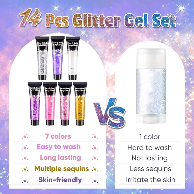 AROIC Kids Unicorn Hair Glitter，14Pcs Body &Face Shimmering Glitter Gel Set，Fairy Costume Sparkle Makeup for Girls，Holographic Sparkle Face Paint for Festivals Princess Birthday Party Gifts (7 Colors)