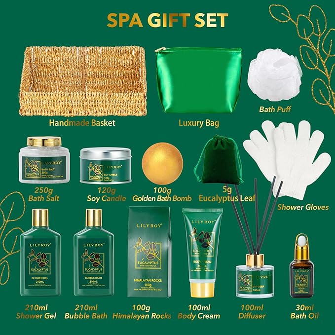 Mothers Day Relaxation Gift Basket - 15-Piece Premium Eucalyptus Bath Gift Set for Women & Men - Spa Kit with Shower Gel Ideal for Birthday, Christmas, Father’s Day, Perfect for Holidays & Self Care