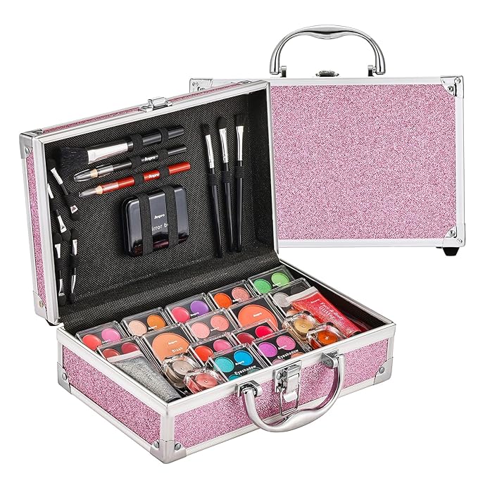 Anpro All-In-One Makeup Carry Case with Pro Teen Makeup Set, Full Starter Cosmetics Kit with Makeup Brushes, Lipsticks, Eye Shadows Palette, Blushes, Glitter Gel-Purple