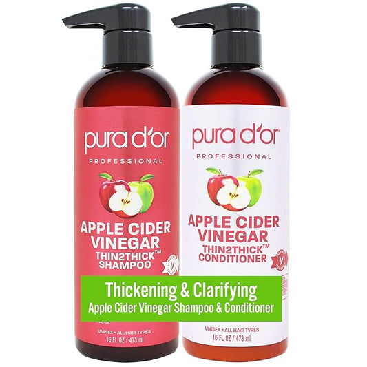 PURA D'OR Apple Cider Vinegar Thin2Thick Set (16oz x 2) ACV Shampoo & Conditioner, Clarifying - Biotin, Keratin, Caffeine, Castor Oil, Aloe - All Hair Types, Men & Women (Packaging may vary)