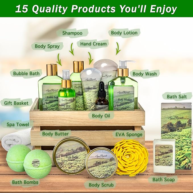 Bath Spa Gift Sets - Luxury Basket With Green Tea & Lemongrass - Spa Kit Includes Wash, Bubble Bath, Lotion, Bath Salts, Body Scrub, Body Spray, Shower Puff, Bathbombs, Soap and Towel