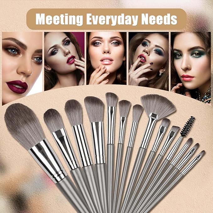 Makeup Brushes, 14 Pcs Professional Makeup Brush Set, Eye and Face Foundation Brush Set, Eyeshadow Brushes, Cosmetic Brushes, with PU Bag, Grayish