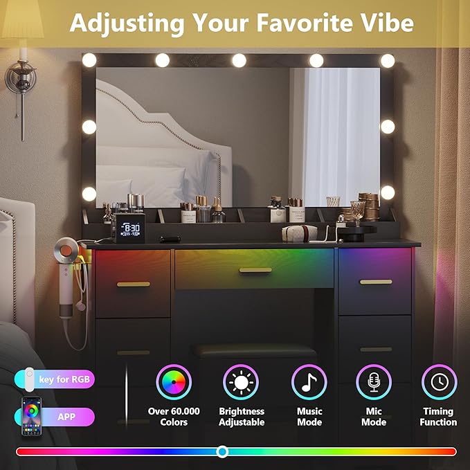 Makeup Vanity with Large Lighted Mirror and Chair, 7 Drawers Vanity Makeup Desk Table with Power Strip, Adjustable Lighting, and Cushioned Storage Stool for Women, Girls