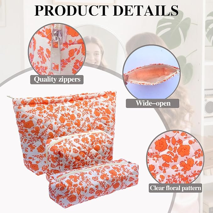 3 Piece Orange Quilted Floral Makeup Bag Set Small Cosmetic Bag For Women Cute Cotton Makeup Pouch For Purse