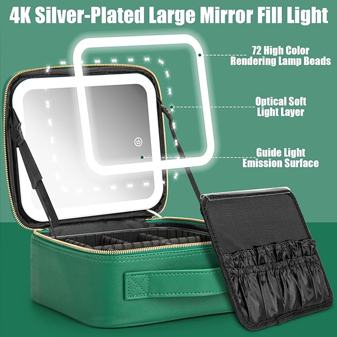 Makeup Travel Train Case with Mirror LED Light 3 Adjustable Brightness Large Cosmetic Bag Portable Storage Adjustable Partition Waterproof Makeup Brushes Make up Jewelry Gift for Women