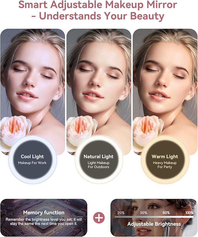 JUSRON Travel Makeup Bag With LED Mirror, Train Case with Light up Mirror, Portable Makeup Artist Organizer Bag with Adjustable Dividers, Makeup Brush Holder Storage (Pink, Large)