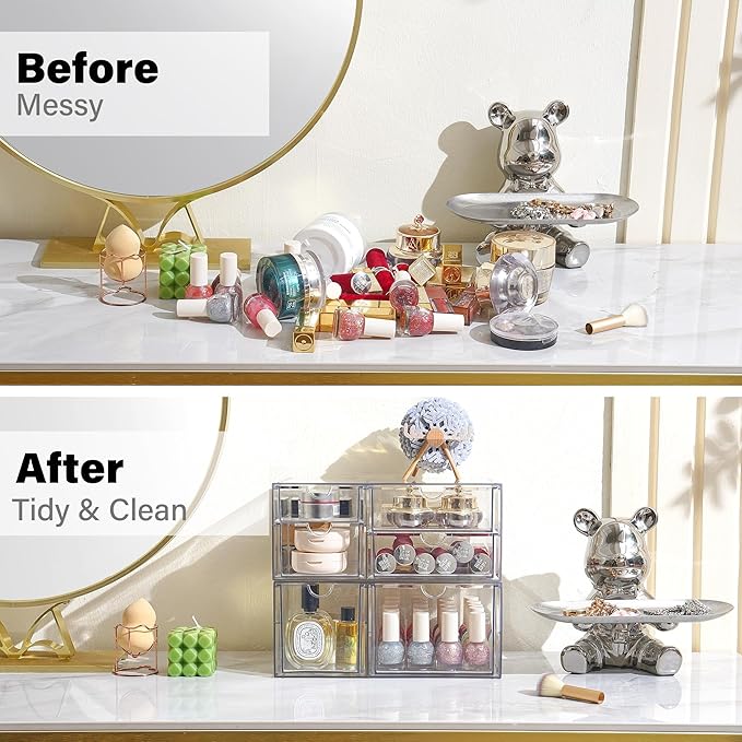 Prsildan Acrylic Drawer Makeup Organizer with 6 Drawers, Set of 2 Office Desk Organizers Accessories, Clear Stackable Storage Drawers for Vanity, Craft, Not for Baby Bottle (Largest Drawer 4" Tall)