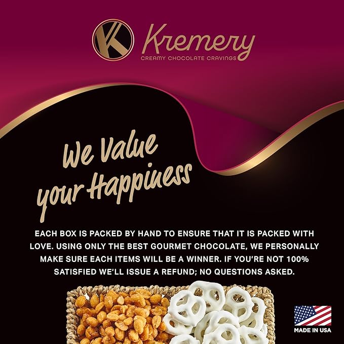 KREMERY Creamy Chocolate Cravings - Chocolate Covered Pretzels & Caramel Popcorn Gift Basket, in Seagrass Tray + Ribbon (Classic, 1.5 lbs) Food Arrangement, Food Assortments USA Made