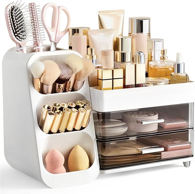 HBlife Makeup Organizer with Brush Holder for Vanity, Large Plastic Bathroom Countertop Organizer Skin Care Storage, Easy to Store Lipsticks, Nail Polishes, Perfumes, Eyeshadow Palettes, White