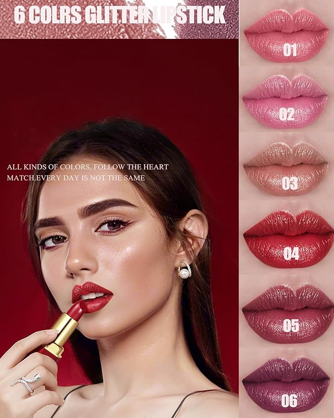 6 Pcs Glitter Lipstick Brown Nude Pink Purple Red Sets, Matte Shimmer Light to Dark for Women Long Lasting 24 Hours Lip Gloss, Sparkling Shiny Waterproof Lip Stick Color Lip Stain labiales Makeup Gift