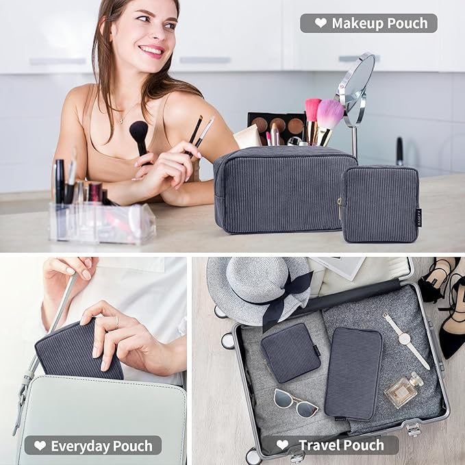 MAGEFY Small Makeup Bag for Purse Mini Cosmetics Bag Corduroy Cute Cosmetic Pouch for Women with Slip-in Pockets