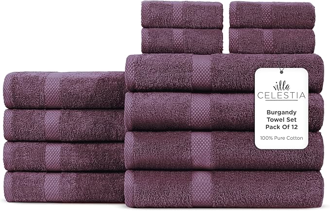 100% Cotton Bath Towel Set of 12-4 Bath Towels, 4 Hand Towels, 4 Wash Cloths, Sustainable, Soft, Highly Absorbent, Combed Cotton 12 Piece Set for Hotels, Spa, Bathroom, Dorm, Burgandy