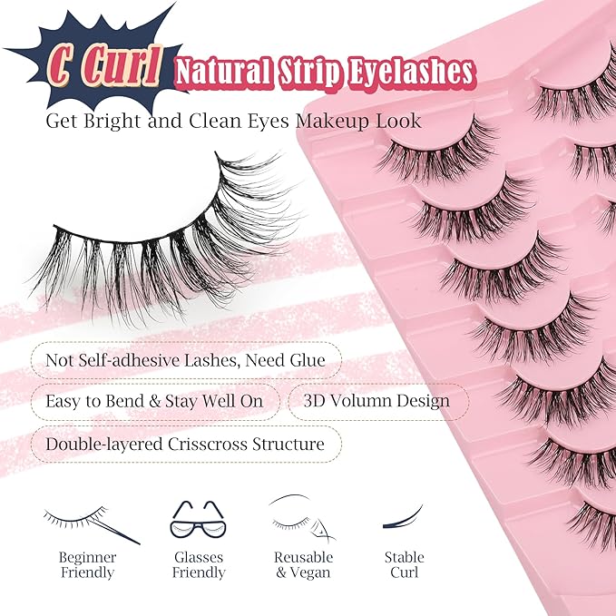 Natural Lashes False Eyelashes 17MM Wispy Lashes 3D Volume Strip Eyelashes C Curl False Eye Lashes 0.1MM Thin Band Fluffy Lashes Pack Siligli 7 Pair Lash Eyelash