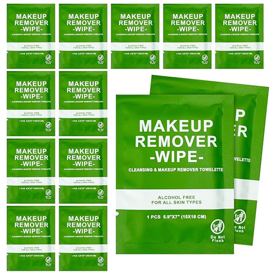 50 Count Makeup Remover Wipes Bulk Individually Wrapped, Travel Towelette Makeup Remover Individual Gentle Cleansing for Face Mascara Lipstick Remove Makeup