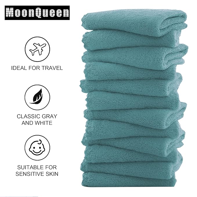 MOONQUEEN Microfiber Facial Cloths Fast Drying Washcloth 12 Pack - Premium Soft Makeup Remover Cloths - Teal