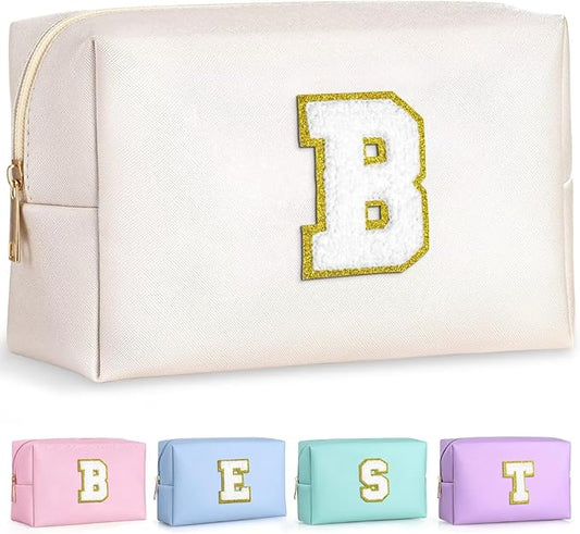 TOPEAST Preppy Patch Makeup Bag, Chenille Letter Pouch Cosmetic Bag, PU Leather Waterproof Toiletry Bag, Personalized Birthday Gift for Women Girl, Cute Stuff for Girls (White B)
