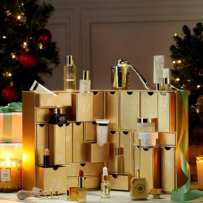 LOVERY 24-Day Luxury Beauty Advent Calendar for Women – Premium Holiday Gift Set with Skincare, Perfume, Candles, and Beauty Tools – Deluxe Gold Self-Care Countdown to Christmas