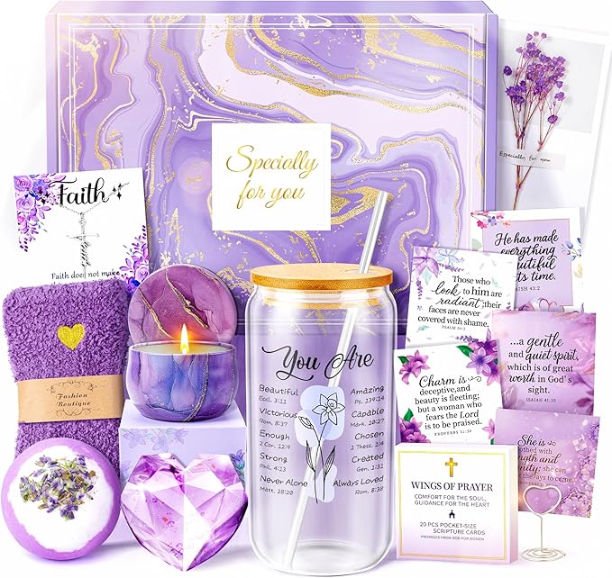 Christian Gifts For Women Faith - Inspirational Religious Birthday Gifts, Purple Spiritual Baptism Baskets For Mom, Grandma, Wife, Mothers, Best Friend, Sister,Catholic&Encouragement Birthday Baskets