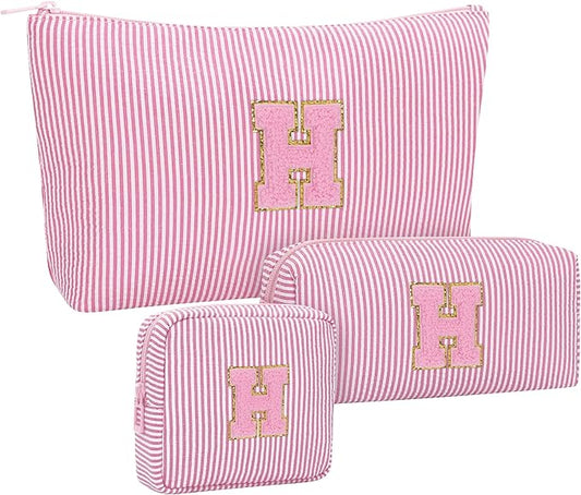 MONSTINA Travel Makeup Bags for Women,Make Up Pouch for Girlfriend Bridesmaid Wife,Birthday Gift for Her Cute Monogram Cute Initial Toiletry Bag Set,3PCS Pink H