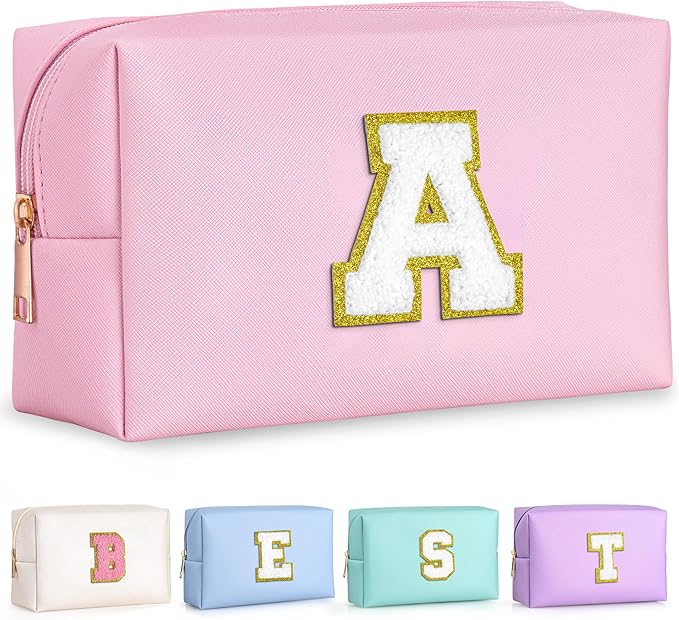 TOPEAST Initial Makeup Bag, Birthday Gifts for 4 5 6 7 8 9 10 11 12 Year Old Teen Girls, Personalized Preppy Cosmetic Bag | Leather Toiletry Bag (Pink A)
