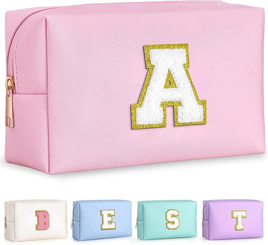 TOPEAST Initial Makeup Bag, Birthday Gifts for 4 5 6 7 8 9 10 11 12 Year Old Teen Girls, Personalized Preppy Cosmetic Bag | Leather Toiletry Bag (Pink A)