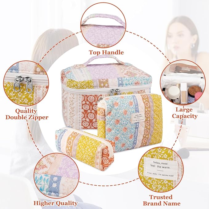 Makeup Bag Set, Quilted Makeup Bag, Large Floral Cosmetic Bag for Women, Cute Cotton Makeup Bag, Flower Travel Toiletry Organizer Bag(Color-Coded Floral)