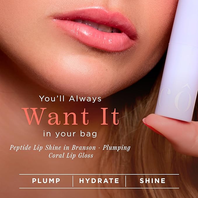 Côte Beauty's Peptide Lip Shine in Branson, Ultra Hydrating & Long-Lasting Coral Plumping Lip Gloss for Women with Hyaluronic Acid, Shea Butter & Jojoba Oil, Vegan & Cruelty-Free, 0.12 Fl Oz