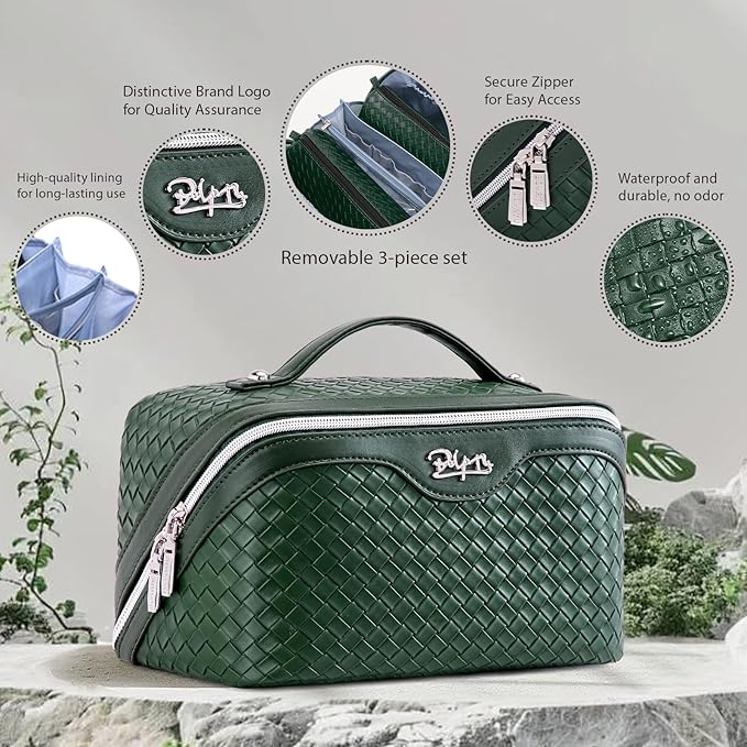 BOYATU Travel Makeup Bag Cosmetic Bags for Women: Large Capacity 3 Pcs Set Make up Bag with Compartments - Waterproof Vegan Leather Toiletry Organizer Bags with Handle - Travel Essentials(L06 Olive)