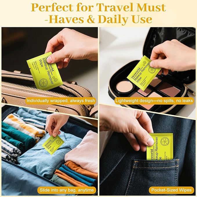 Makeup Remover Wipes Bulk Individually Wrapped,Travel Makeup Wipes Gentle for Face Cleansing Mascara Lipstick Travel Hotel（lemon,pack of 40)
