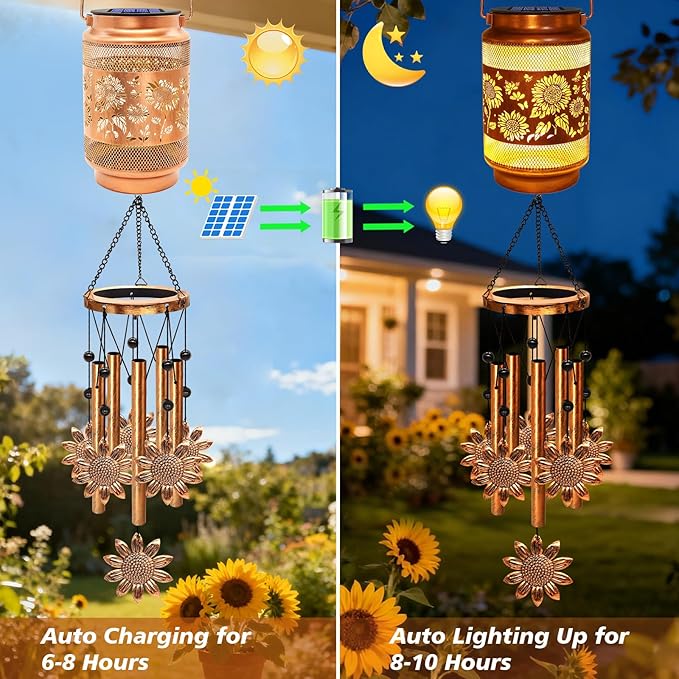 Sunflower Solar Wind Chimes for Outside, Gifts for Christmas Mom Women Grandma Birthday Memorial Teacher, 32" Windchimes Outdoor Decor Hanging Solar Lantern for Garden Porch Patio Backyard