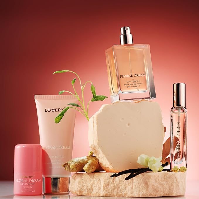 Gift for Women, Floral Dream 4 in 1 Womens Perfume & Deodorant Set - 4pc Pink Eau de Parfum Fragrance Sets - Perfumes for Women Gift Set with Non Toxic Antiperspirant Stick, Body Lotion & Mini Perfume