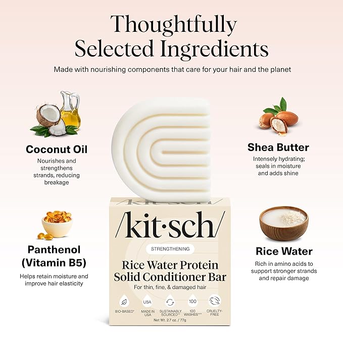 Kitsch Rice Water Conditioner Bar for Hair Growth – Rice Protein Hair Conditioner Bar to Repair Damage, Prevent Split Ends & Boosts Shine – Paraben, Silicone & Sulfate-Free Hair Care - 2.7 oz