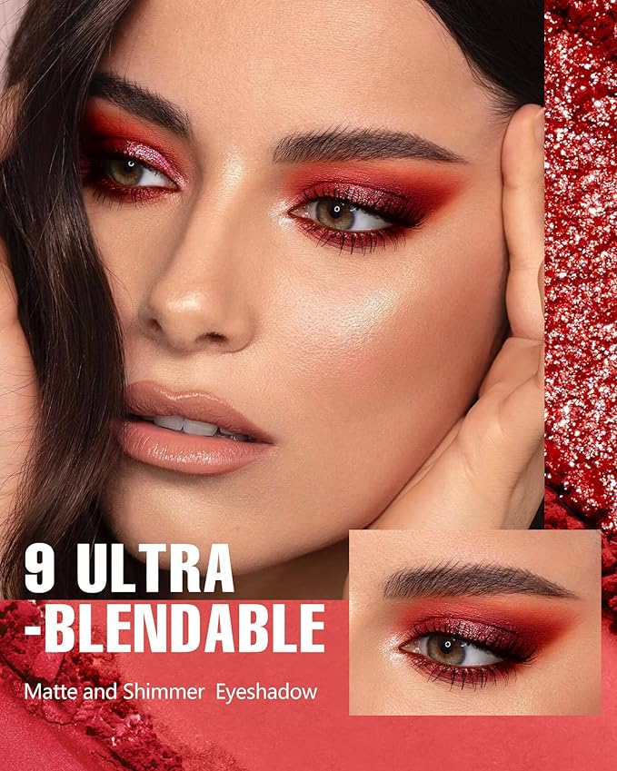 Red Eyeshadow Palette Matte Eye Shadow for Women Long Lasting High Pigmented 9 Shade Glitter Shimmer Matte Red Eye Shadows -9Red
