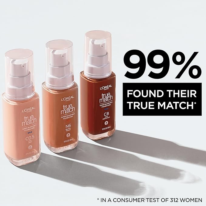 L'Oreal Paris True Match Super-Blendable Foundation, Medium Coverage Liquid Foundation Makeup, W3, Light Medium, 1 Fl Oz
