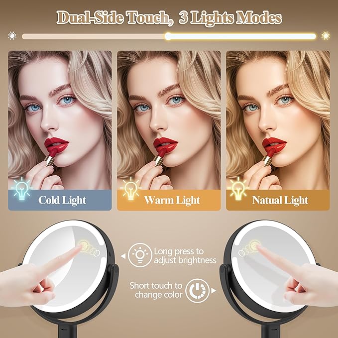 Makeup Mirror with Lights, Double Sided 1x/20x Magnifying Mirror with Light, Rechargeable 3 Color Lights and Adjustable Brightness, 360° Rotation Detachable Comes with Tweezer(Black)