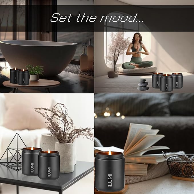 Set of 3 Scented Soy Candles Gift Set | Le Noir Collection | Men’s Cologne, Red Teakwood, Bergamot & Oud | Crackling Wood Wick | 40+ HR Burn, 7oz Each | Luxury Gift for Men & Home