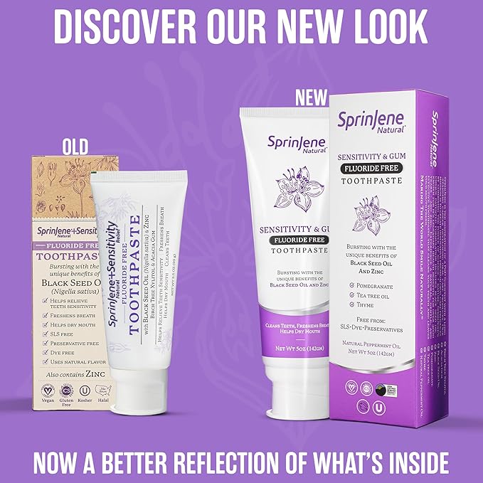 SprinJene Natural Fluoride Free Toothpaste for Sensitive Teeth & Gums – Patented Toothpaste with Black Seed Oil & Zinc – Vegan Dry Mouth Prevention for Fresh Breath – Made in The USA (4 Pack)