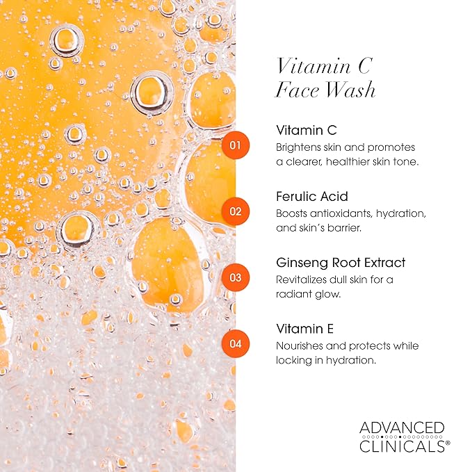 Advanced Clinicals Gentle Vitamin C Face Wash For Women & Men | Citrus Scented Gel Facial Cleanser Soap | Aloe Vera + Ferulic Acid Hydrating Foaming Wash For Cleansing Dirt & Oil, Large 11.75 Fl Oz