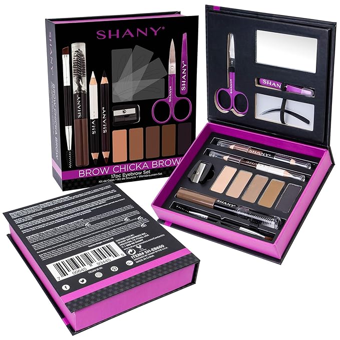 SHANY Brow Chicka Brow Eyebrow Set - 17 Piece Eyebrow Makeup Kit with Brow Powder, Brow Gel, Dual Ended Pencils, Stencils, Scissors, and Tweezers - All Hair Colors