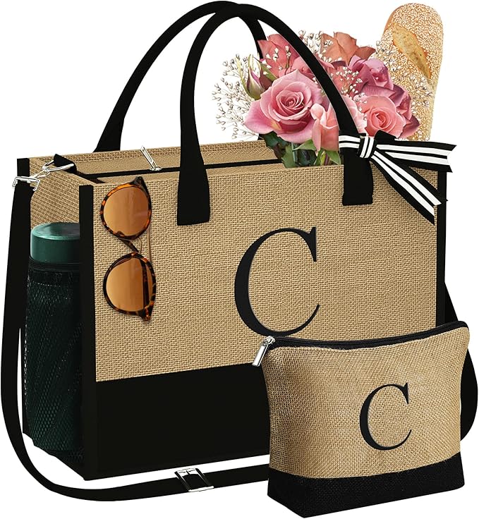YOOLIFE Personalized Gifts for Women - Initial Jute Tote Bag & Makeup Bag, Birthday Gifts for Women Mom Wife Teacher Friend