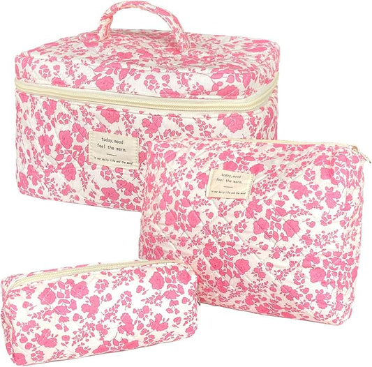 Pink Large Quilted Floral Makeup Bag Set of 3 Cute Coquette Aesthetic Cosmetic Bag Set Travel Toiletry Bag for Women