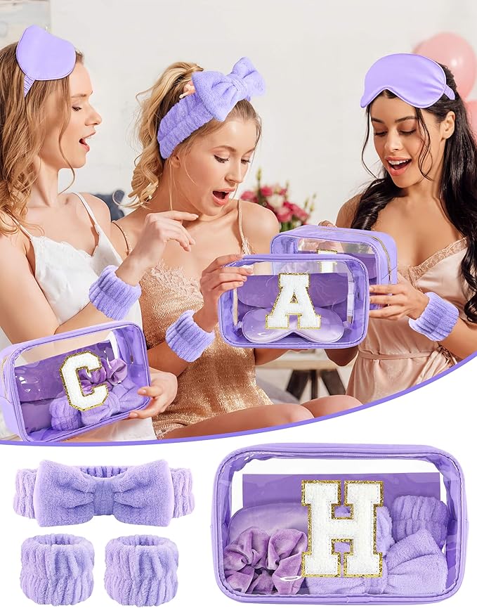 Gift Sets for Women, Initial Makeup Bag with Makeup Brush Set Bachelorette Party Favors, Purple Spa Kit with Skincare Headbands Wrist Bands Sleepover Party Supplies Gifts for Teen Girls Bridesmaid H